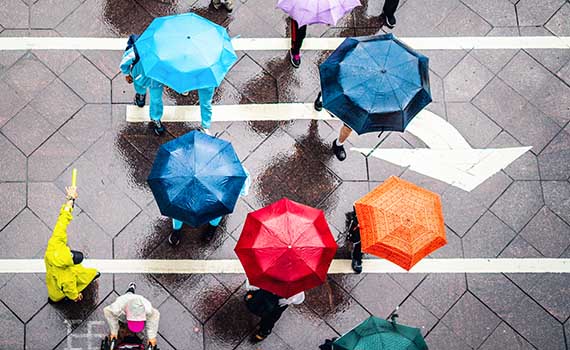 Photo on the cover of the report of a crowd of people with brightly coloured umbrellas crossing the streets in the rain.