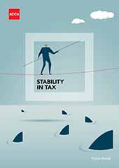 Image on the cover of the report of an illustrated man on a tightwire trying to escape sharks. 