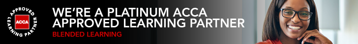 Example of horizontal digital banner ad with smiling woman at desk, ACCA ALP logo and text "We're a platinum ACCA approved learning partner face to face delivery"