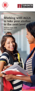 example of co-branded ACCA marketing banner with an image of two women smiling and the text Working with ACCA to take your studies to the next level, achieve exams with our support