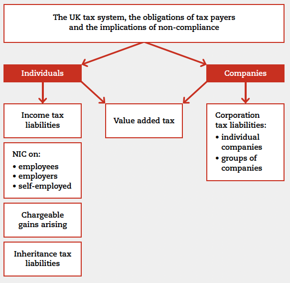 Illustration of the UK tax system, the obligations of tax payers and the implications of non-compliance. The graphic splits information out as relevant to individual versus companies