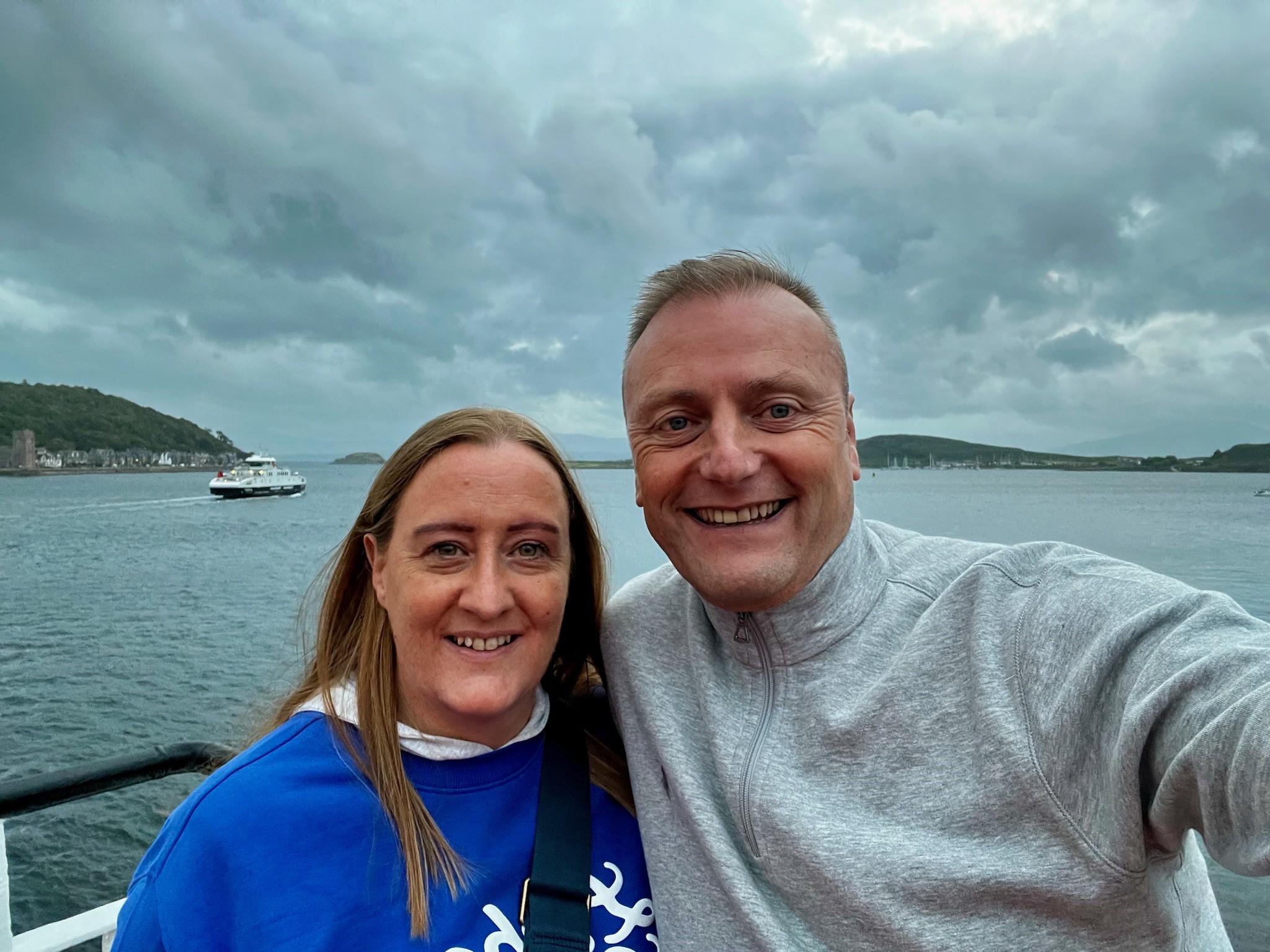 Lynn and her husband on the ferry to the Isle of Mull