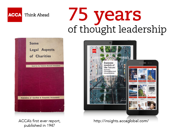An image of three items illustrating 75 years of ACCA thought leadership which includes a ACCA’s first report, a tablet featuring the front cover of an ACCA report and a mobile phone showing images of ACCA reports on the professional insights app.