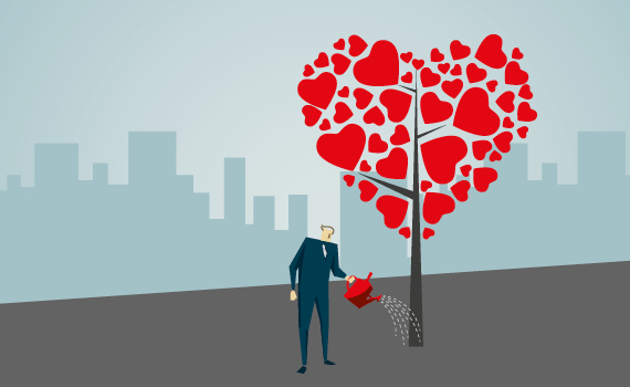 A business figure watering a tree full of red love heart symbols of different sizes with a red red watering can which illustrates growing emotional superpower