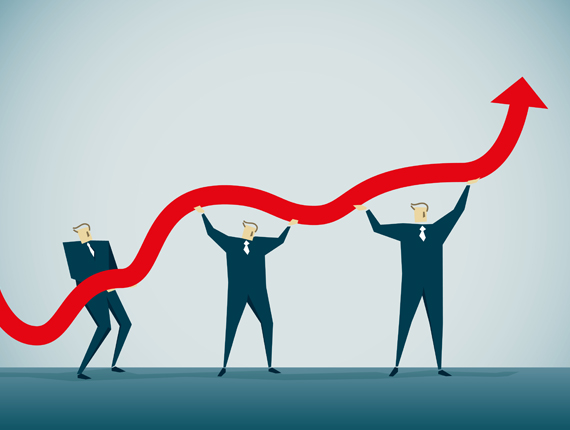 Image of three male business figures holding a line graph with peaks and dips that illustrate fluctuations in economic activity