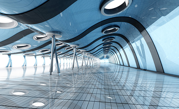 Image of the inside of a futuristic building that is on the cover of the report. 