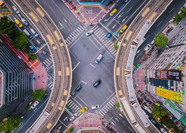 Birds eye view of a busy traffic junction