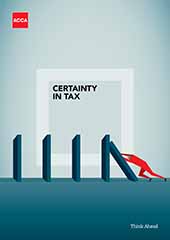 The cover of Certainty in Tax,  which depicts an illustrated man knocking down dominoes. 