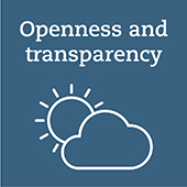 A blue icon with a sun hidden by clouds, which is intended to signify 'openness and transparency'.