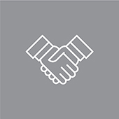 A grey icon that depicts a handshake, which is intended to signify 'dispute resolution mechanisms for business'.