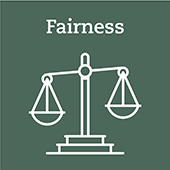 A green icon with a scale, which is intended to signify 'fairness'. 