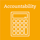 A yellow icon with a calculator, which is intended to signify 'accountability'. A yellow icon with a calculator, which is intended to signify 'accountability'.