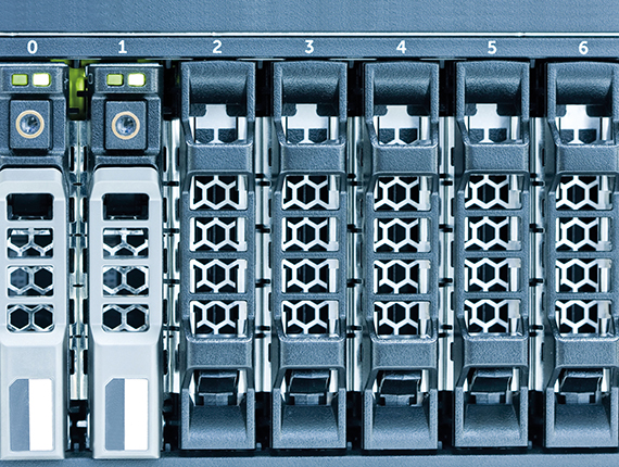 Close up image of a computer server unit with seven ports and the first and second lit up in green 