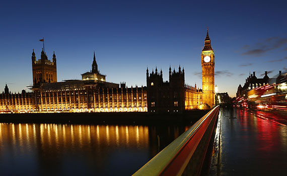 A view of the Palace of Westminster, taken from Westminster Bridge at night