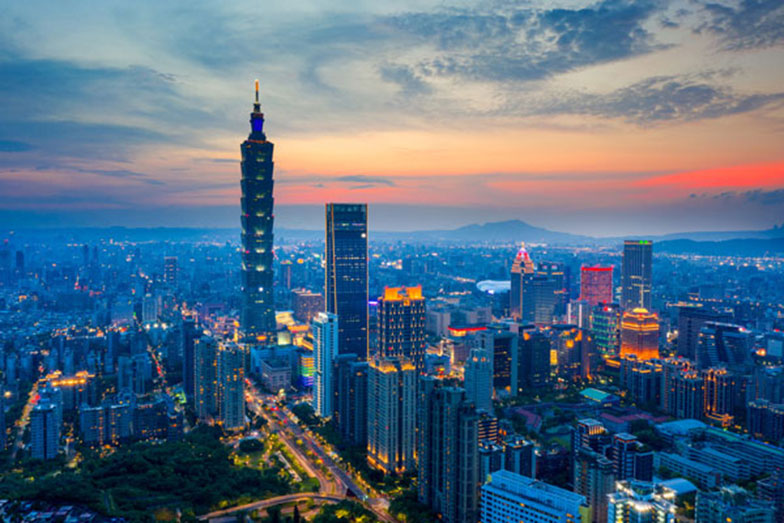 city skyline at dawn viewed from above looking down