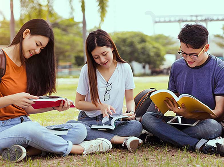 students sitting on grass studying
