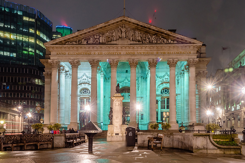 View of Bank of England lit up