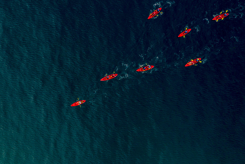 Aerial shot of kayakers
