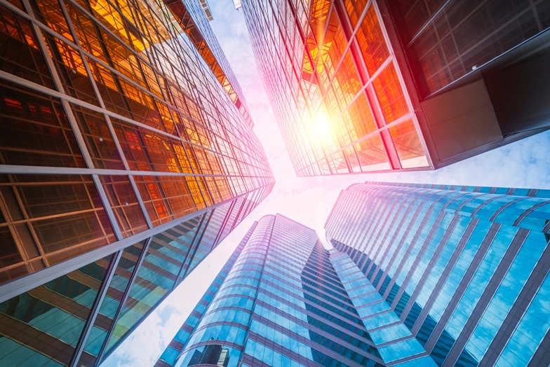 Sun shining on an office block exterior