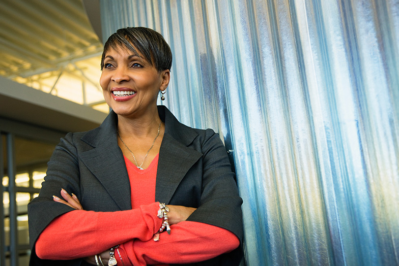 Person looking outside smiling