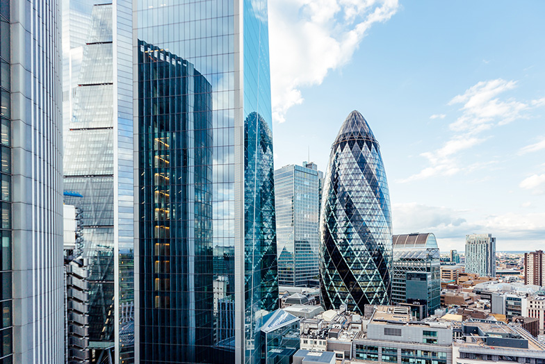London's Gherkin building reflected in windows