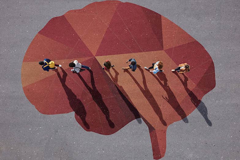 overhead view of persons walking in single file