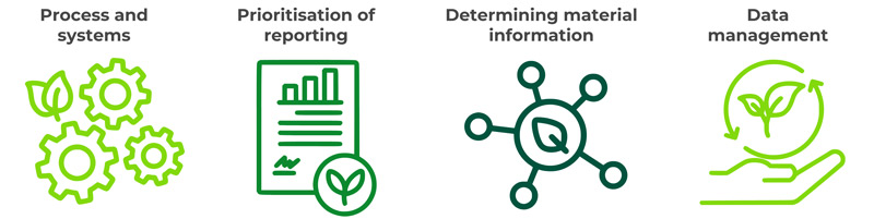 An infographic showing the four areas of focus: Process and systems, Prioritisation of reporting, Determining material information, and Data management
