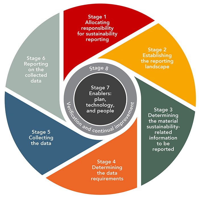 Circular diagram of ACCA's eight-stage sustainability reporting cycle. The outer ring shows six sequential stages: Stage 1, Allocating responsibility for sustainability reporting; Stage 2, Establishing the reporting landscape; Stage 3, Determining the material sustainability-related information to be reported; Stage 4, Determining the data requirements; Stage 5, Collecting the data; and Stage 6, Reporting on the collected data. Wrapped around the centre is Stage 8, Verification and continual improvement, encircling the core Stage 7, Enablers: plan, technology, and people. 